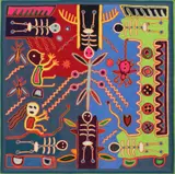 José Benítez Sánchez, Skeletal Figures, Huichol Indian folk art yarn painting on board