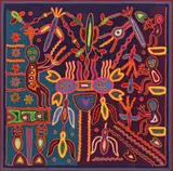 José Benítez Sánchez, Spiritual Sacrifices, Huichol Indian folk art yarn painting on board