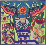 Juan Rios Martinez, Sacred Deer, Huichol Indian folk art yarn painting on board