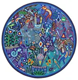 Guadalupe de la Crus Carrillo, stylized figures, Huichol Indian folk art yarn painting on board