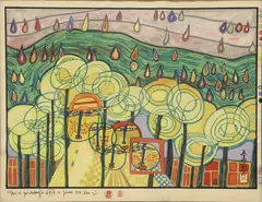 The Rain Falls Far From Us by Friedensreich Hundertwasser, woodblock print in colors on paper, sold Jun 2026