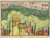 Friedensreich Hundertwasser, The Rain Falls Far From Us, woodblock print in colors on paper