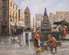 Impressionist Street Vendor Scene by Renato Sassone Corsi, oil on board, sold Jun 2026