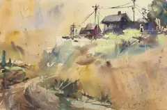 Edgar Albert Whitney, Autumn Cottage Landscape, watercolor painting on Arches paper