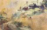 Edgar Albert Whitney, Autumn Cottage Landscape, watercolor painting on Arches paper