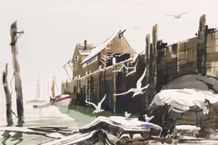 Theodore Kautzky, Fisherman's Wharf in the Winter, watercolor painting on J. Whatman drawing board