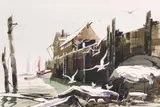 Theodore Kautzky, Fisherman's Wharf in the Winter, watercolor painting on J. Whatman drawing board