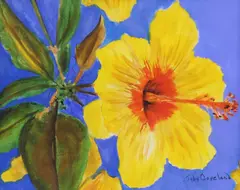 Yellow Hibiscus by Judy Copeland, acrylic on canvas, sold Jun 2026