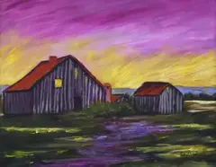 Three Barns by Judy Copeland, acrylic on board, sold Jun 2026