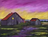 Judy Copeland, Three Barns, acrylic on board