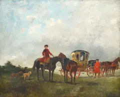 John Lewis Brown, Equestrian Scene with Figures and Stagecoach, oil on board