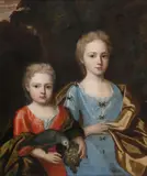 British School, Two Young Girls with a Parrot, oil on canvas