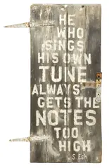 S. Esh, He Who Sings His Own Tune Always Gets the Notes Too High, Contemporary stencil art on salvaged door
