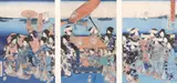 Aka Ochiai Yoshiiku, Procession in Takanawa, woodblock triptych on paper
