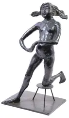 Rhoda Sherbell, Young Girl Resting Knee on Stool, Patinated bronze sculpture