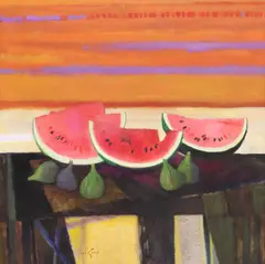 René Genis, Figues et Melon d'Espagne (Figs and Spanish Melon), oil on canvas