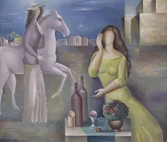 Anatoliy Repnikov, Surrealist Nightscape with Figures and Horse, oil on canvas