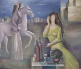 Anatoliy Repnikov, Surrealist Nightscape with Figures and Horse, oil on canvas