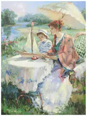 Taddo Vendi, Mother and Child in the Garden, oil on canvas