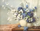Aubrey Dale Greer, Vase with Blue Hydrangea and Dogwood Blossoms, giclee print on canvas