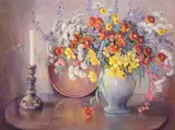 Adele Laure Brunet, Still Life with Spring Flowers and Candlestick, oil on canvas