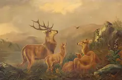 John W. Morris, Family of Deer in Mountainous Landscape, oil on canvas