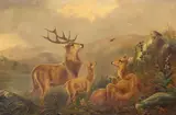 John W. Morris, Family of Deer in Mountainous Landscape, oil on canvas