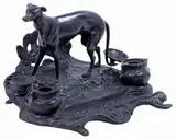 Pierre-Jules Mêne, early 20th c., Patinated bronze double-inkwell desk stand