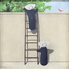 Frank Whipple, Nuns Climbing a Ladder to an Apple Tree, oil on board