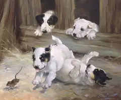 Lilian Cheviot, Fox Terrier Puppies Chasing a Mouse, oil on canvas