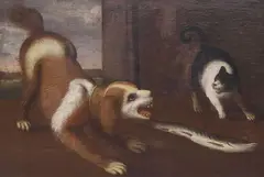 Cat and Dog Brawling Over a Fish by Continental School, Continental School oil on canvas, sold Mar 2026