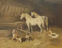Angelo Silvio Galli, Barn Animals at Mealtime, oil on panel