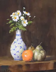 David Potts, Still Life with Fruit and Vase of Flowers, gouache painting on paper