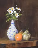 David Potts, Still Life with Fruit and Vase of Flowers, gouache painting on paper