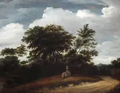 Dutch School, Wooded landscape with group of figures conversing near a path, oil painting on cradled panel