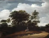 Dutch School, Wooded landscape with group of figures conversing near a path, oil painting on cradled panel