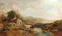 Joseph Horlor, Pastoral scene with cattle watering by a stone mill, oil on canvas