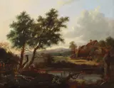 British School, Landscape with a thatched cottage by a river, oil on panel