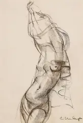 Charles Umlauf, Study for Disrobing, Brown conte crayon drawing on paper