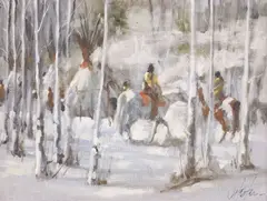Jay Hester, Native American Settlement in Winter Landscape, oil on artist's canvas panel