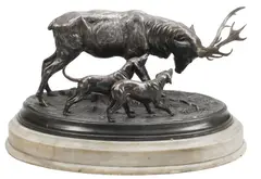 Wilhelm Zwick, Buck with Two Hunting Dogs, Cast silvered metal wildlife sculpture