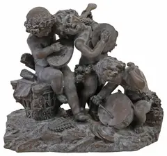 Astiride Petrilli, Three Putti Musicians, Patinated bronze sculpture