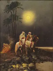 F. Percy, Arab Horsemen in Moonlit Night, oil on panel