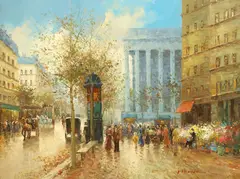 T.E. Pencke, Parisian Street Scene with the Church of Saint Mary Magdalene, oil on canvas
