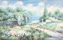 Paul Lamont, Parisian Garden Landscape with Bridge, oil on canvas