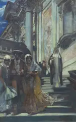 Charles Cottet, Grieving Figures and Nun Leaving Baroque Style Building, oil on canvas