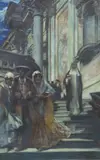 Charles Cottet, Grieving Figures and Nun Leaving Baroque Style Building, oil on canvas