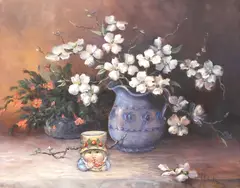 Nancy A. Berkhouse, Still Life with Flowers and Figural Jar, oil on canvas