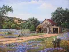 Nancy A. Berkhouse, Barn Landscape with Bluebonnets, oil on Masonite