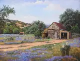 Nancy A. Berkhouse, Barn Landscape with Bluebonnets, oil on Masonite
